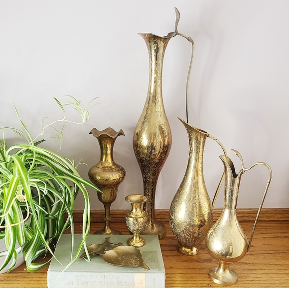 Vintage Brass Ornate Floral Etched Pitcher Vase 6 piece Set